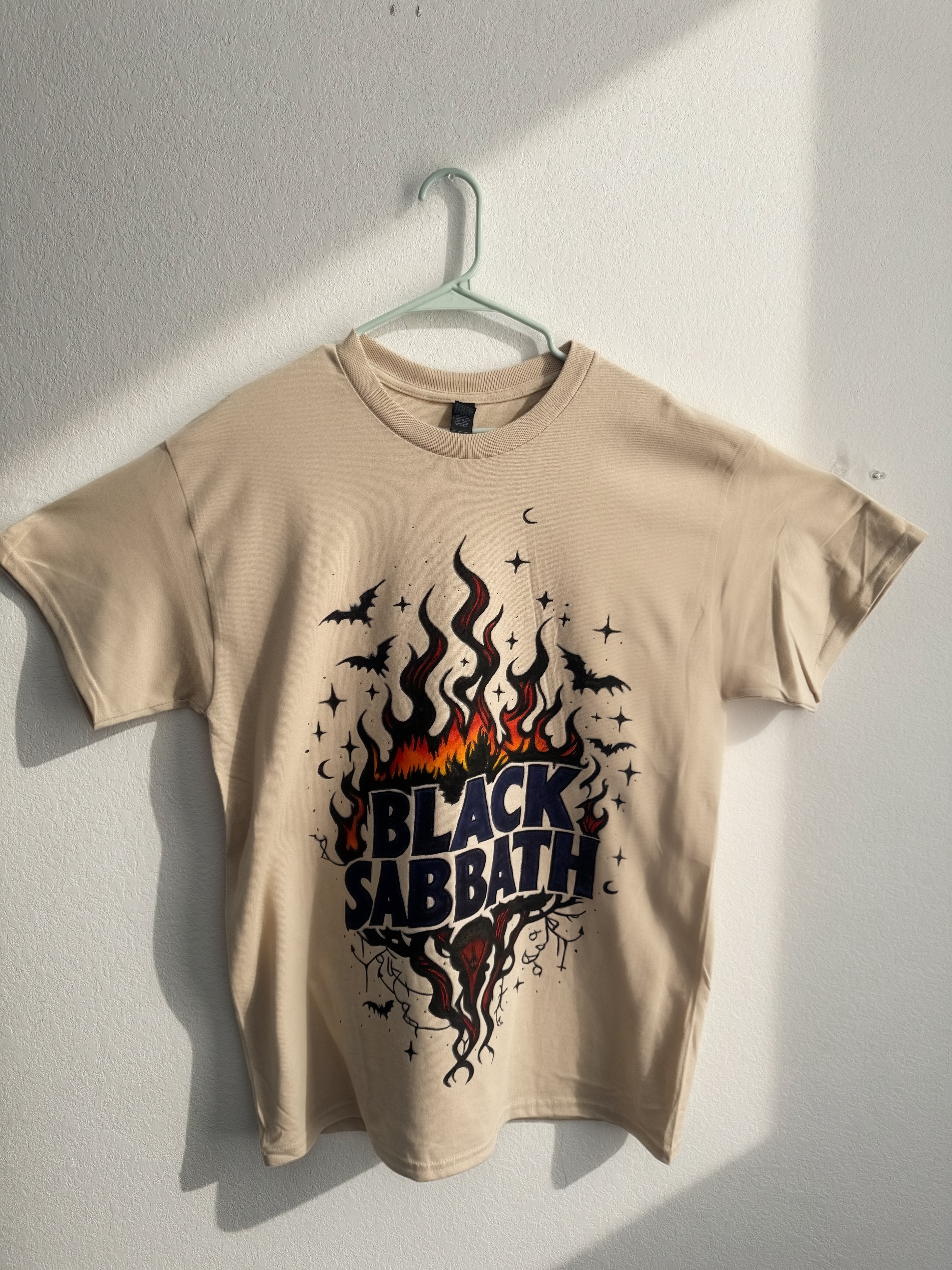 Black Sabbath hand painted design; beige tshirt; large